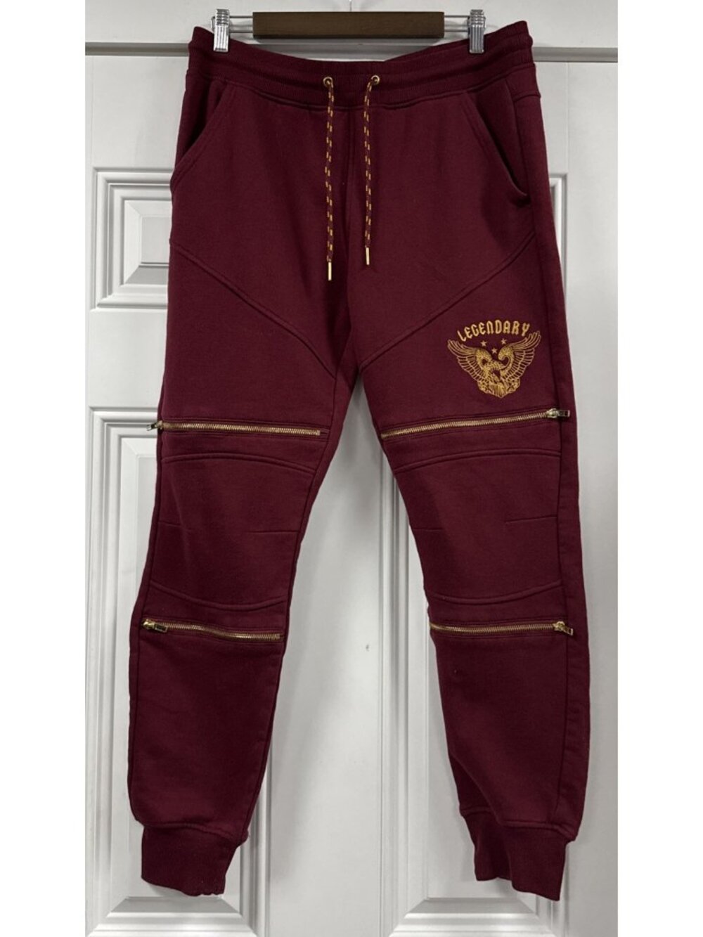 Copper Rivet Burgandy Red Knit Sweat Pants Legendary Embroidery Zipper Legs Sz L